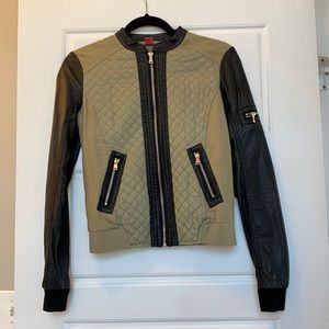 Green bomber jacket with leather detailing